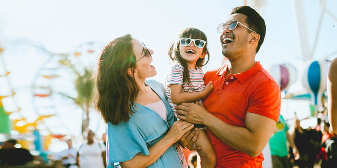 Two parents savoring a day of fun at a theme park with their young daughter, all wearing sunglasses. The father lovingly holds the girl while the mother embraces them both.