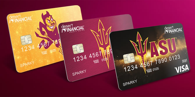 Three ASU x Desert Financial debit card designs are displayed from left to right: a gold sparkly card featuring Sparky the Sun Devil in the middle, a brushed maroon card with the ASU pitchfork at the center, and a black background with sparks and the ASU pitchfork beside the letters ASU, offering diverse and vibrant options for Sun Devil pride.